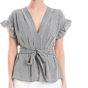 NWT MAX STUDIO Black & White Gingham Ruffle Bow Tie Short Sleeve Top Size Medium